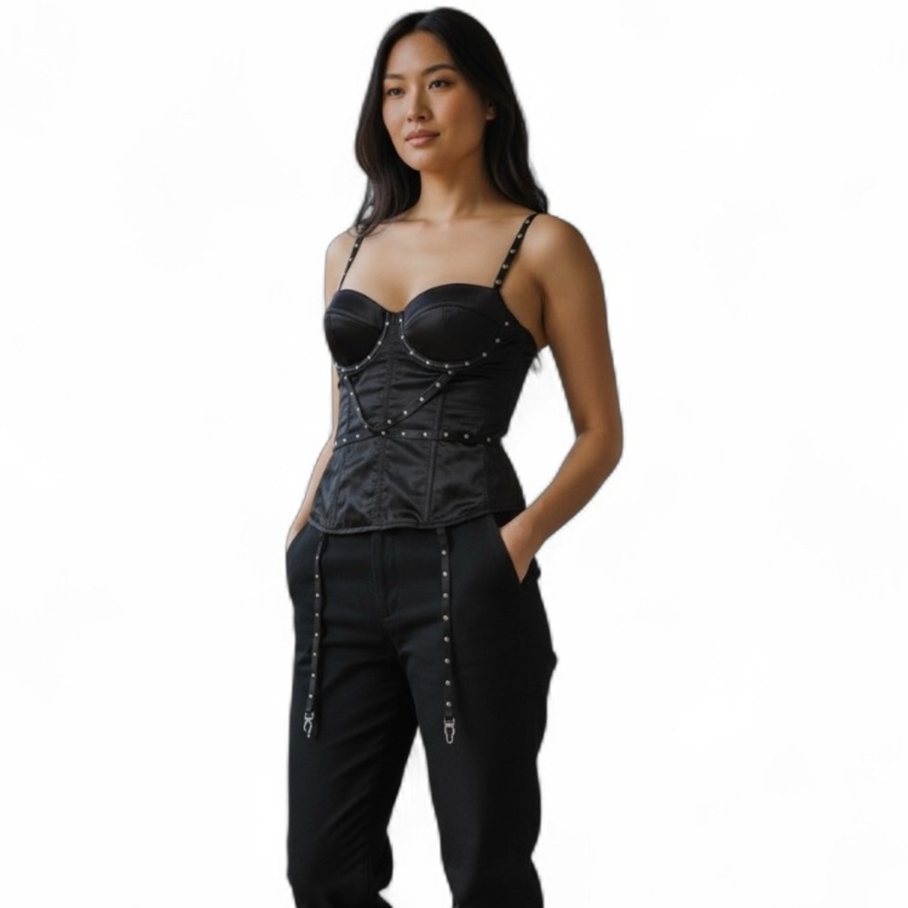 Frederick's of Hollywood Black Faux Leather Studded Goth Dancer Corset 38